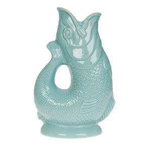 The original Gluggle jug factory - fish glug jug in pale blue, eau de nil. Cool homeware for your home 