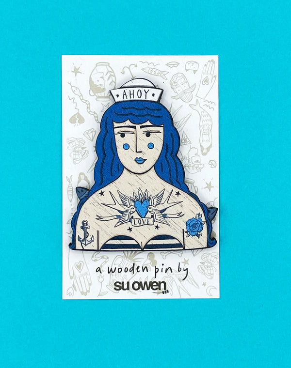 Tattooed Sailor Girl Wooden Pin Brooch