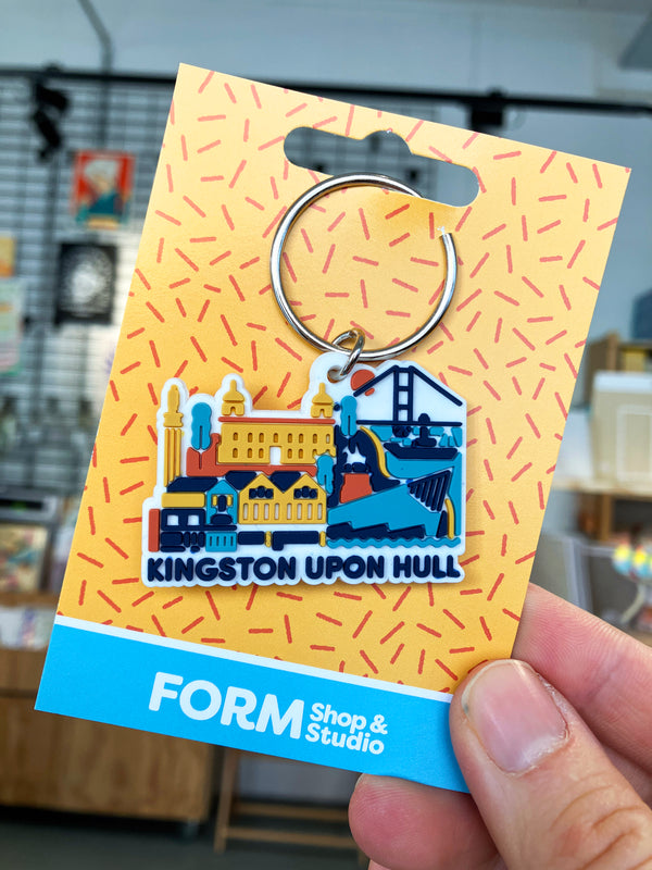 Kingston Upon Hull keyring made from PVC featuring The Deep, Humber Bridge, Humber Street and Maritime Museum