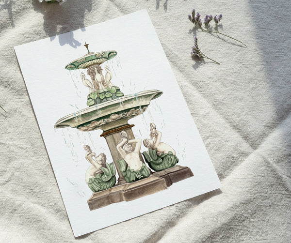 Avenue of the fountains- beautiful illustrated art print by Isobelle cochrane of the Hull landmark