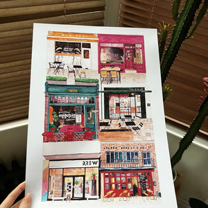 Illustrated art print of Hull independent eateries, cafes and bakeries by Isobelle Cochrane.