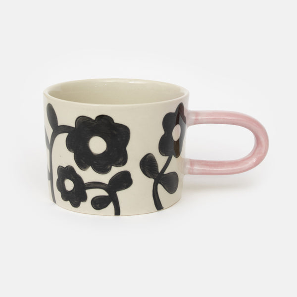 Mono print floral Hand painted glazed stoneware mug with elongated handle by Caroline Gardner
