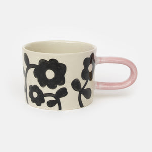 Mono print floral Hand painted glazed stoneware mug with elongated handle by Caroline Gardner