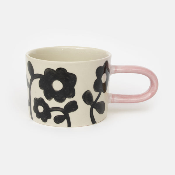 Mono print floral Hand painted glazed stoneware mug with elongated handle by Caroline Gardner