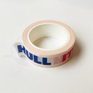 A roll of Hull themed washi tape with the phrase 'it's never dull in hulll repeated' 10m long