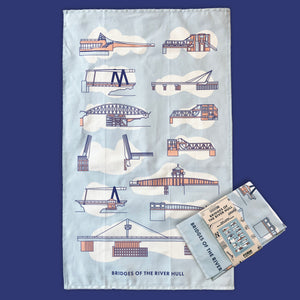 Screen printed tea towel of Hull’s bridges down the River Hull. From Drypool to Scale Lane, Venn Bridge and more 