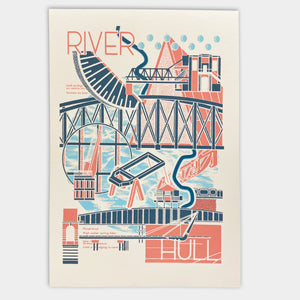 Bridges of the river hull art print screen print. Wall art featuring architecture and bridges along the river hull. Screen printed with 3 colours on Humber Street 