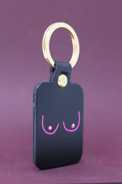 Fun key ring with boobs in black leather 
