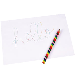 Rainbow pencil and hello written in different colours 