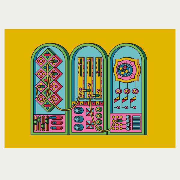 Synthesizer poster and art print inspired by eurorack modular systems, bright colours and bold design from Mexican art 
