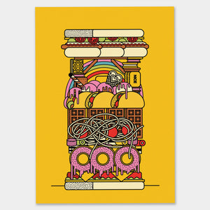 Tacos, donuts, rainbows, biscuits and more make this bold art print of a sandwich very appetising 