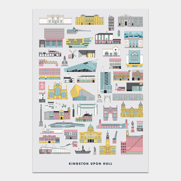 Hull buildings architectural art print featuring the deep, Hull City Hall, Maritime Museum, Spurn Lightship and more. Cool contemporary poster 