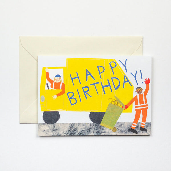 Happy birthday greetings card by Hadley Paper Goods featuring an illustration of a bin lorry with happy bin men waving