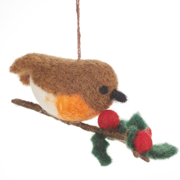 Robin on a Holly Branch Felt Decoration