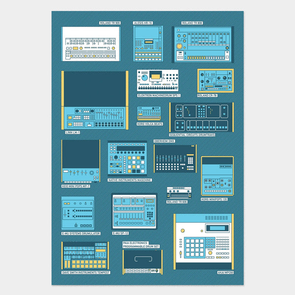 Drum machine and synthesizer art print. Includes korg, moog, Roland 
