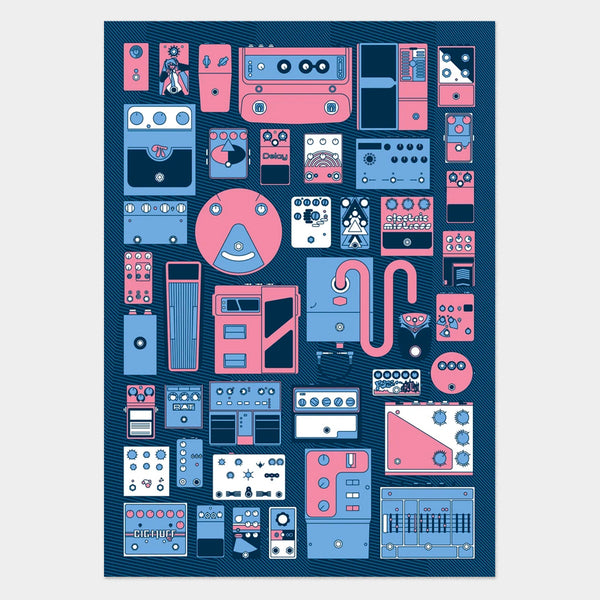 Art print and poster for your home with effects (FX) pedals through history. From Boss, Roland, Moog, the talk box and more 