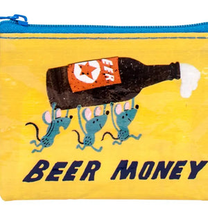 Mice holding a beer bottle purse saying ‘beer money’