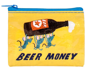 Mice holding a beer bottle purse saying ‘beer money’