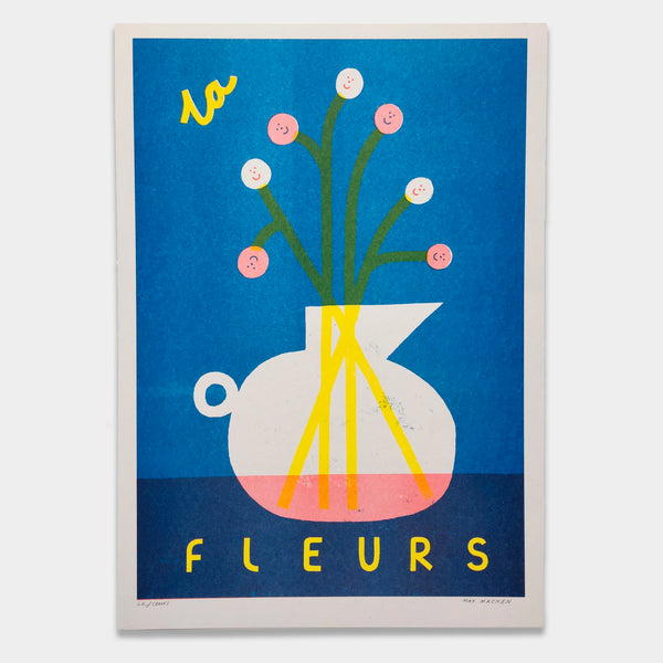 Cool contemporary bold art print by Max Machen, risograph printed flowers in a vase 