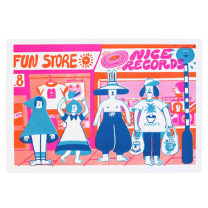 Yuk fun happy shoppers risograph illustrated print 