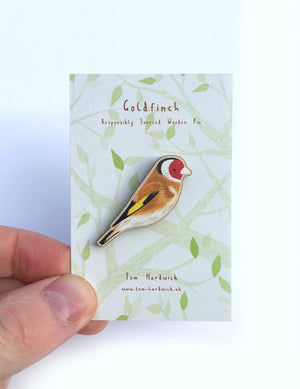 Goldfinch responsibly sourced wooden laser cut pin by Tom Hardwick 