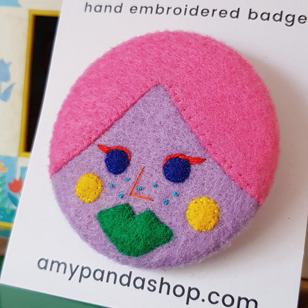 Lilac Face Embroidered Felt Badge