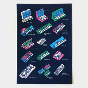 Classic Synthesizer art print and poster with vintage and modern synths and drum machines by Korg, moog, Roland and others 