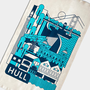 Hull landmarks feature on this screen printed tea towel. The Deep, Humber Bridge 