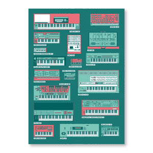 Synth poster art print featuring Roland, Korg, moog and other important synthesisers 